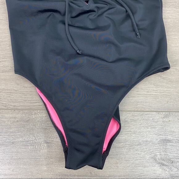 Pink Victoria’s Secret Black Tie Front One Piece Swimsuit Sz.S - Picture 4 of 13